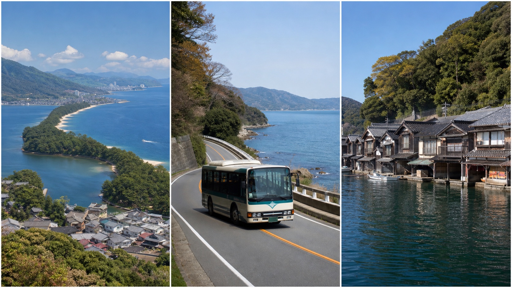 Three-panel view of Amanohashidate sandbar, a northern Kyoto coastal bus, and Ine funaya boathouses