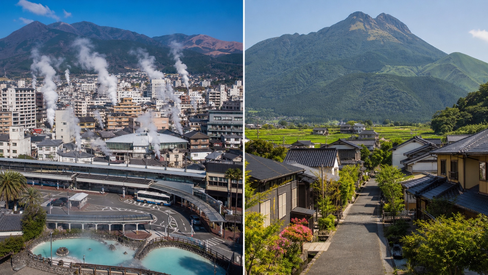Split comparison of Beppu's steam-filled urban onsen districts and quiet Yufuin beneath Mount Yufu