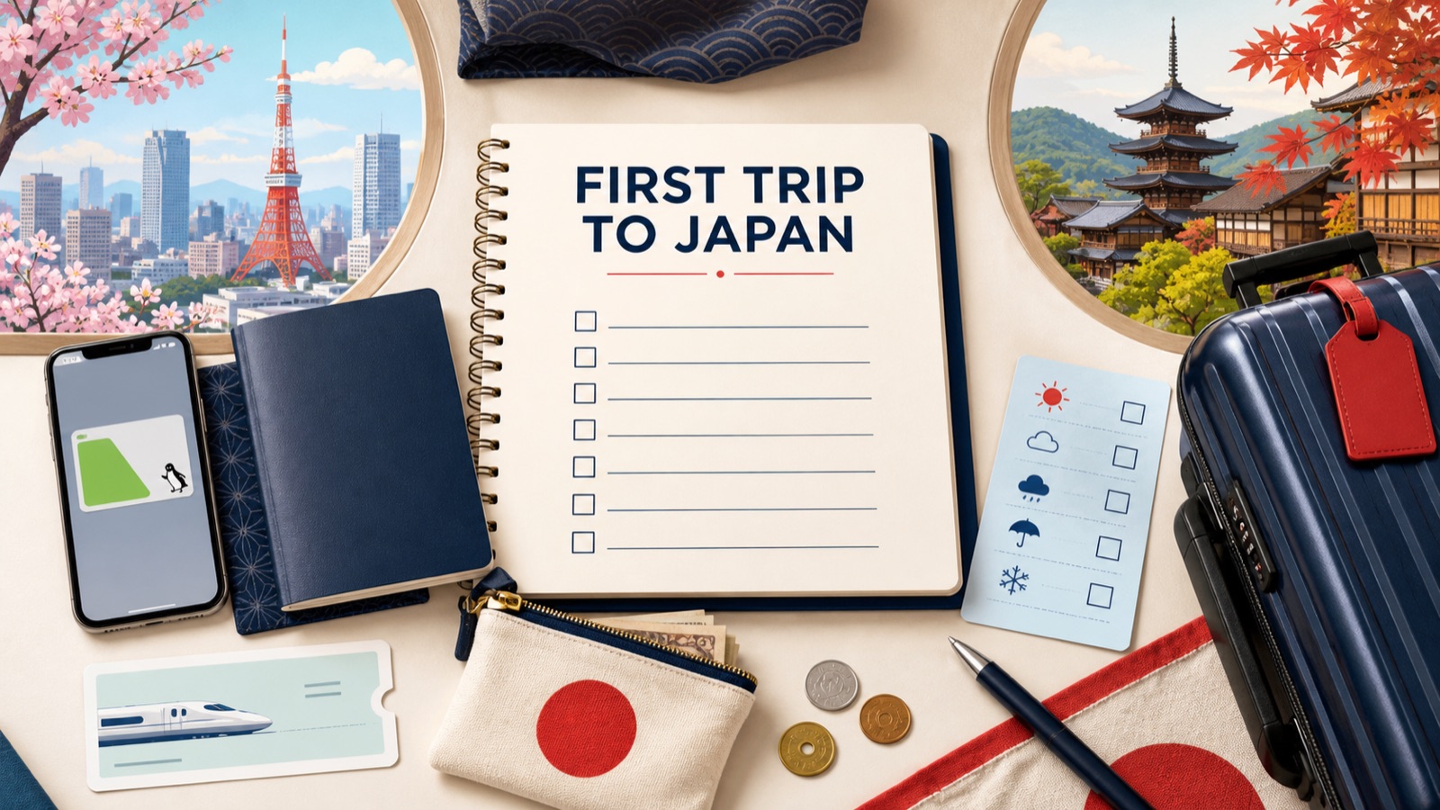 First-time Japan trip planning illustration with a checklist, luggage, weather card, and rail ticket
