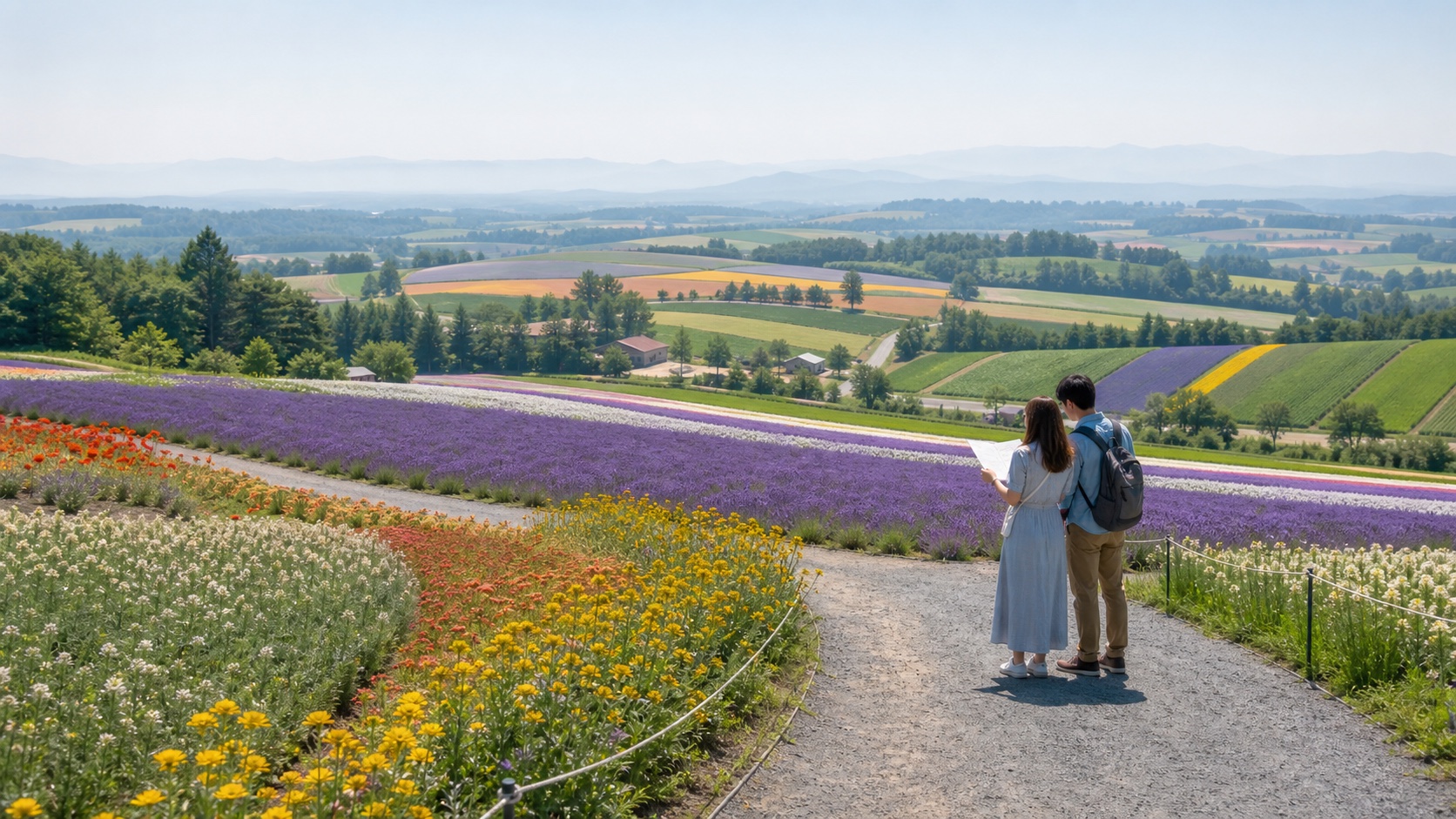 Travelers planning a route from a public path above lavender and seasonal flower fields in Furano and Biei