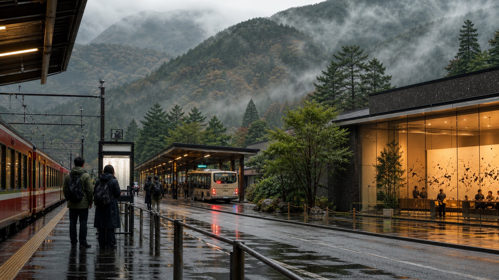 Travelers checking mountain transport beside a train, bus connection, and warm museum on a misty Hakone day