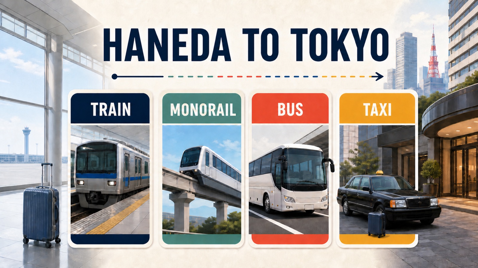 Haneda to Tokyo transfer illustration comparing train, monorail, bus, and taxi options