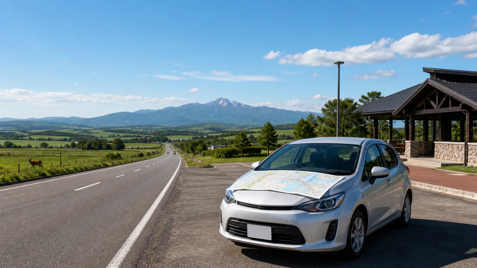 Unbranded rental car at a Hokkaido roadside rest area beside a long open road, farmland, mountains, and distant deer