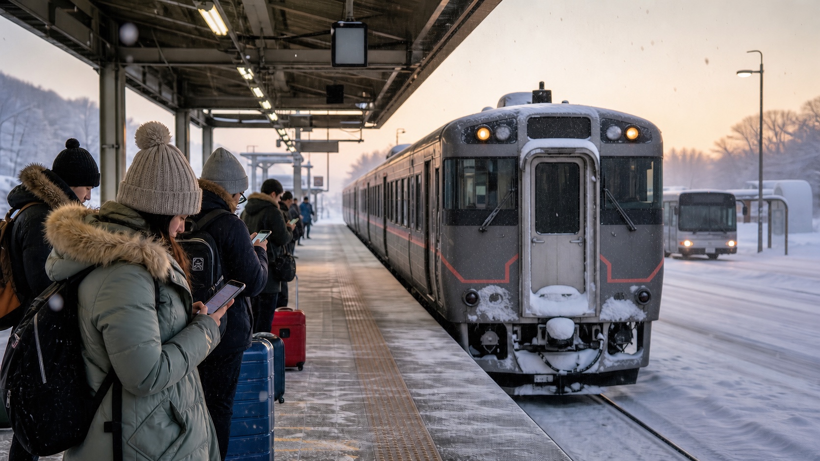 Winter travelers checking transport status beside a fictional unbranded train on a snowy Hokkaido platform