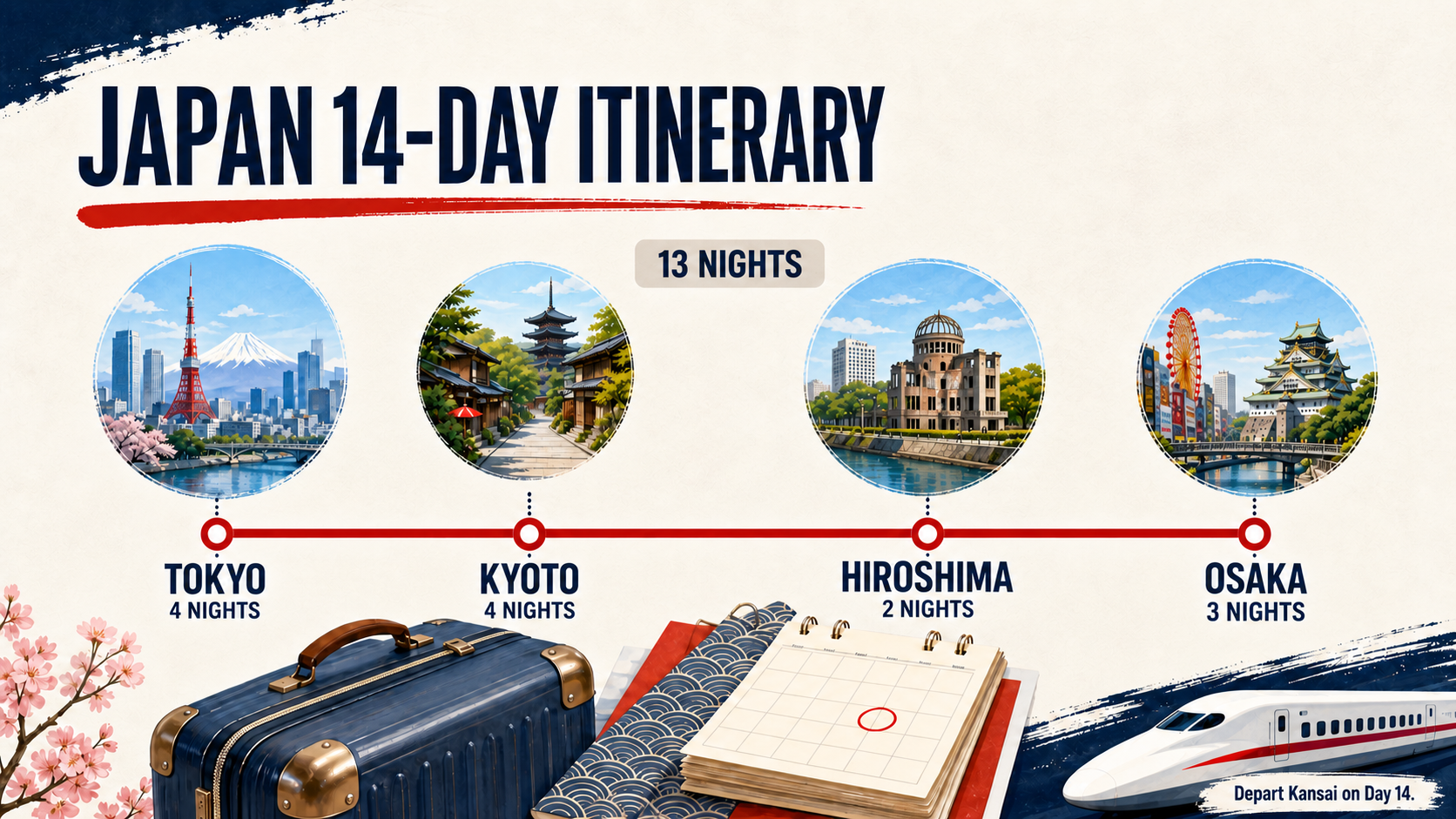 Thirteen-night route: Tokyo four, Kyoto four, Hiroshima two and Osaka three, departing Kansai on Day fourteen