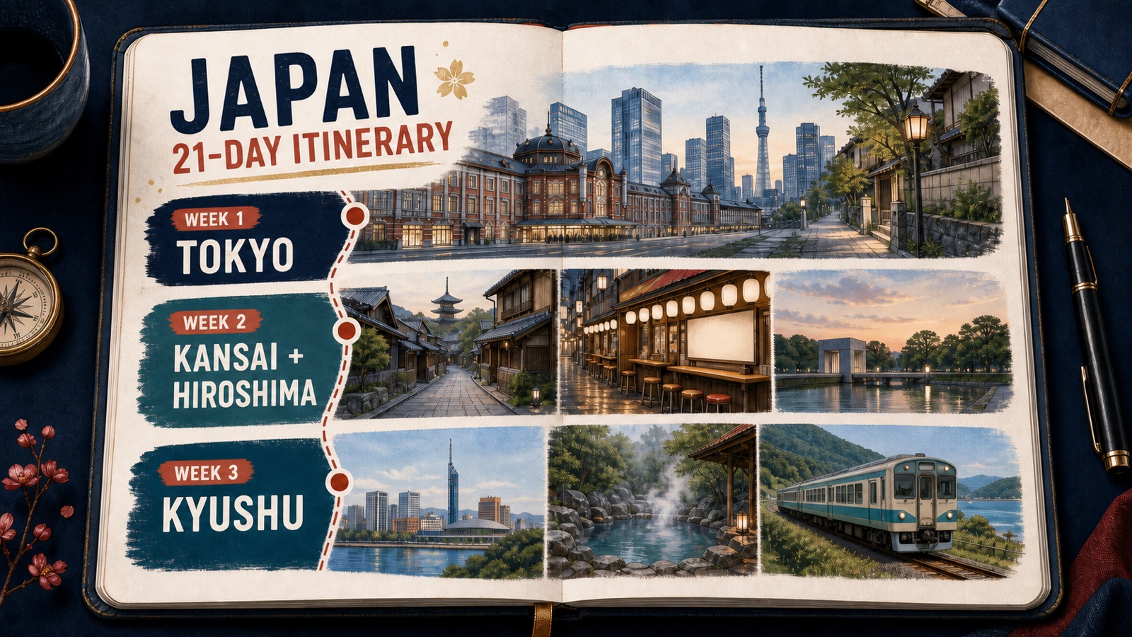 Japan 21-day itinerary journal showing Tokyo, Kansai and Hiroshima, and Kyushu over three weeks
