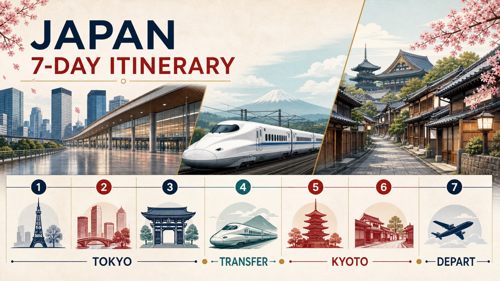 Japan 7-day itinerary illustration with Tokyo, a transfer day, Kyoto, and departure stages