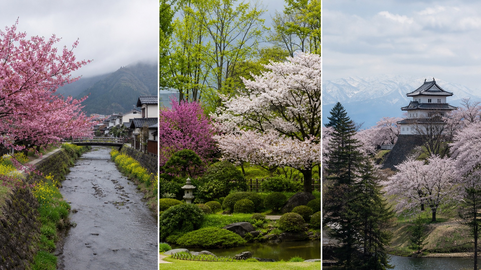 Triptych of early riverside cherry blossoms, mixed city garden blooms, and later blossoms near a northern castle