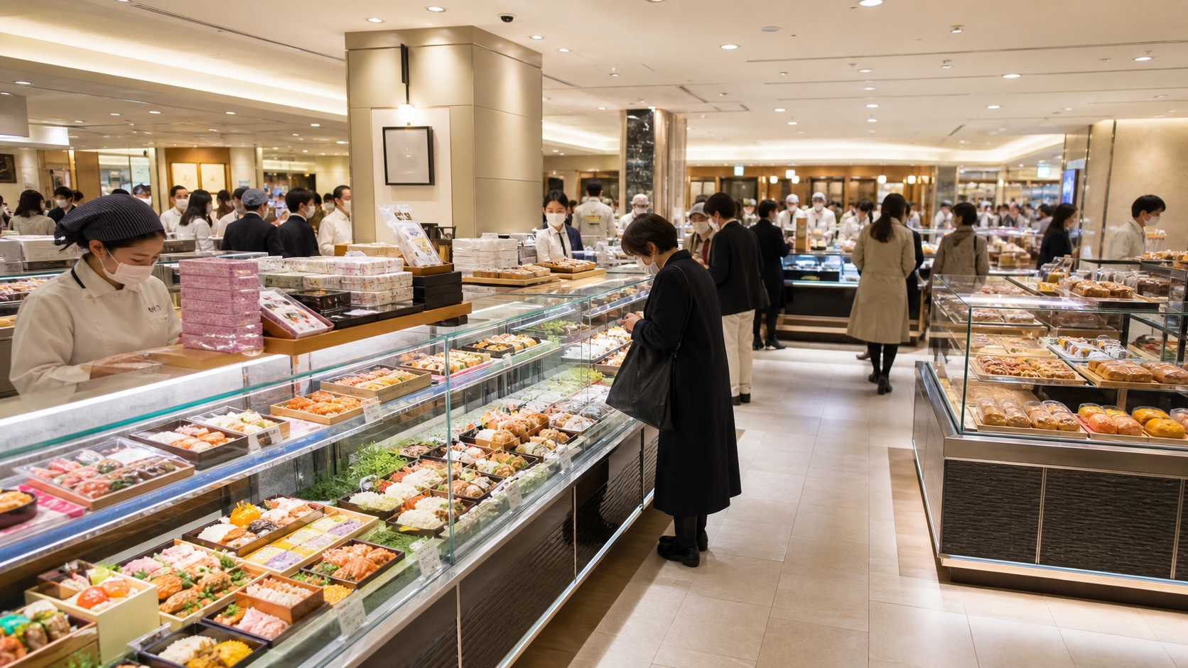 Japanese department store basement food hall with bento, sweets, prepared dishes, and shoppers