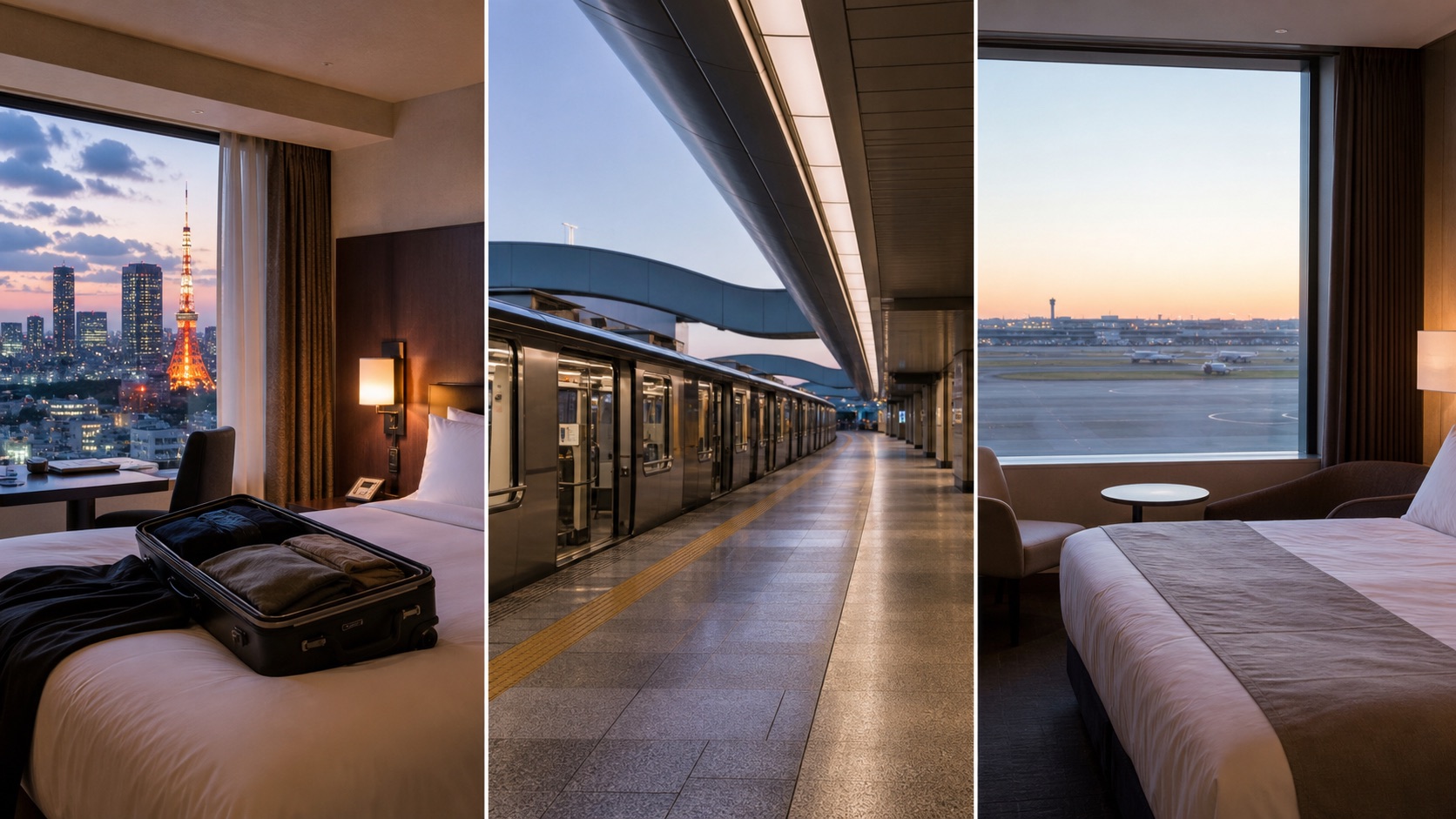 Three-part view of a Tokyo city hotel, an unbranded airport rail connection, and an airport hotel beside a runway