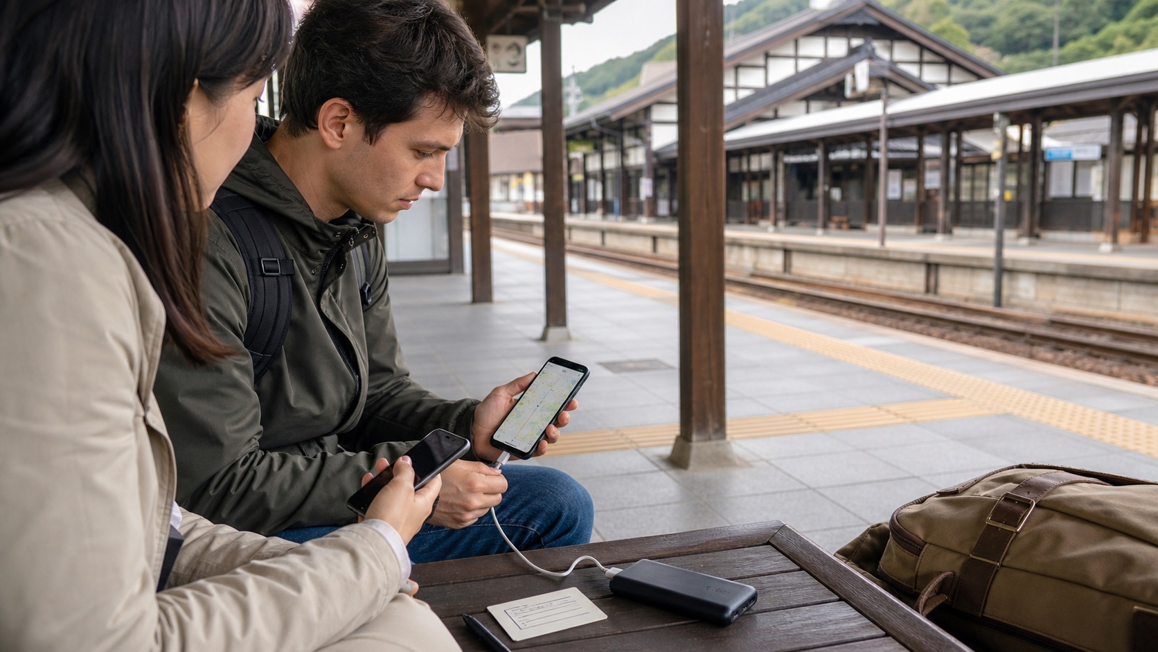 Travel companions preparing phones, offline navigation, a power bank, and a hotel address at a Japanese station
