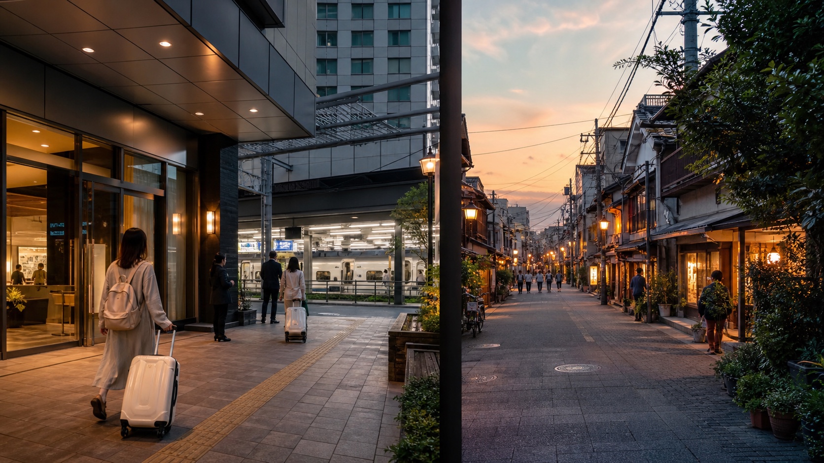 Traveler with luggage comparing a Japanese station-side hotel and a quiet neighborhood street at dusk