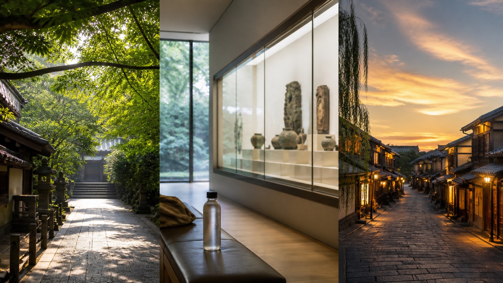 Three-part summer itinerary with a shaded morning path, an indoor museum rest, and a cooler evening street