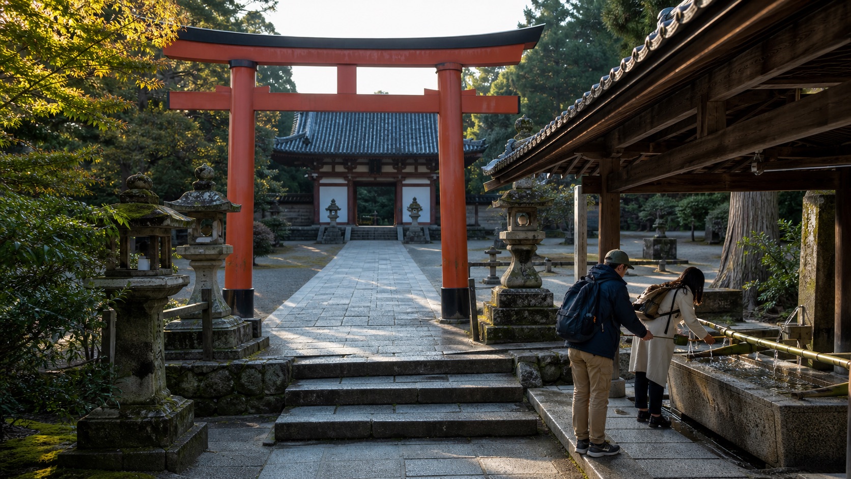 Two travelers respectfully using a purification basin beside a shrine approach and temple gate in Japan