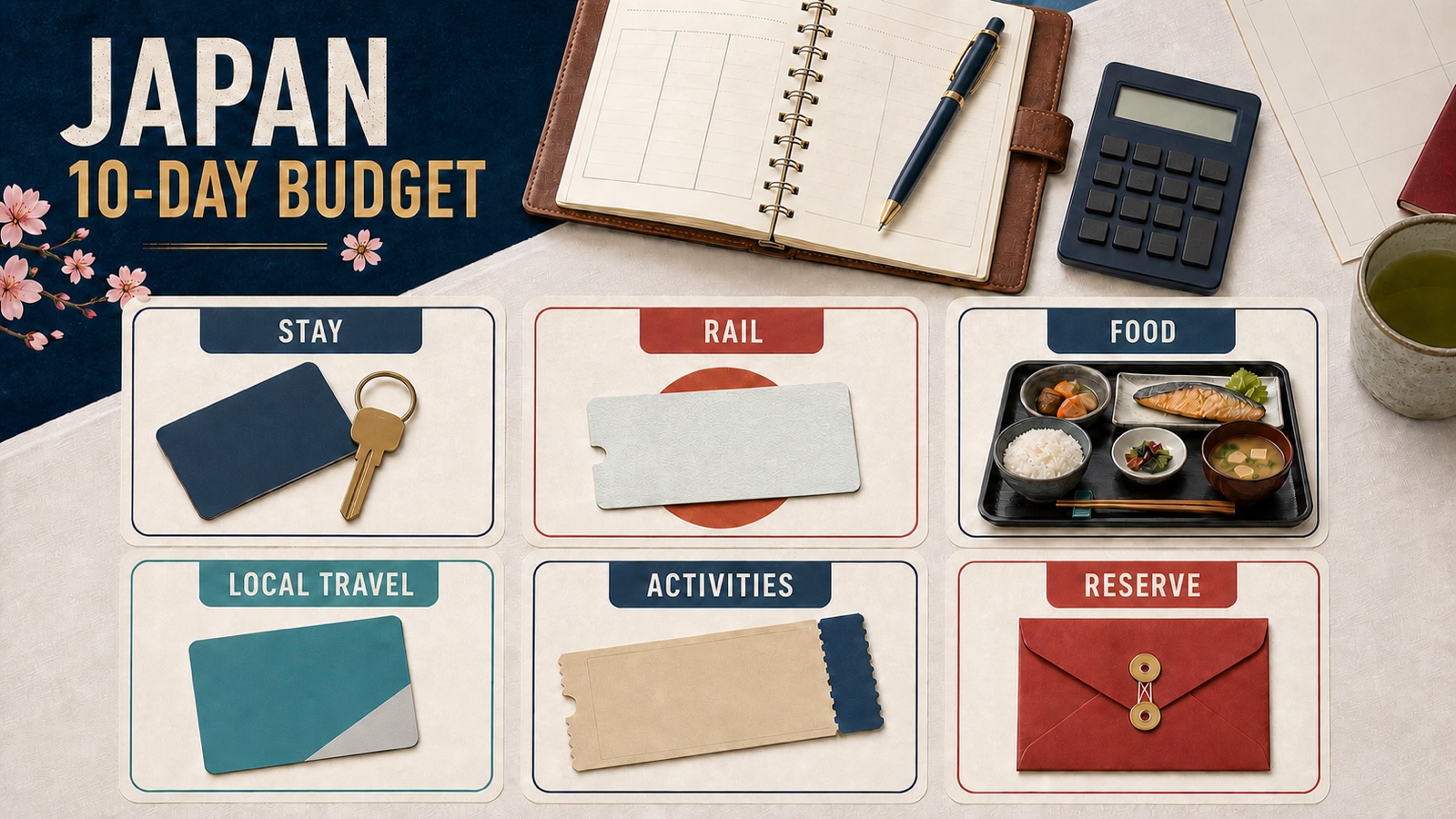 Japan 10-day travel budget illustration with stay, rail, food, local travel, activities, and reserve categories