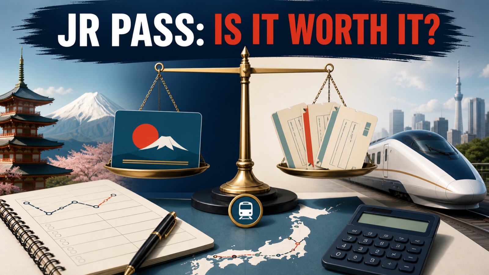 JR Pass value comparison illustration with a generic pass, individual tickets, calculator, and train