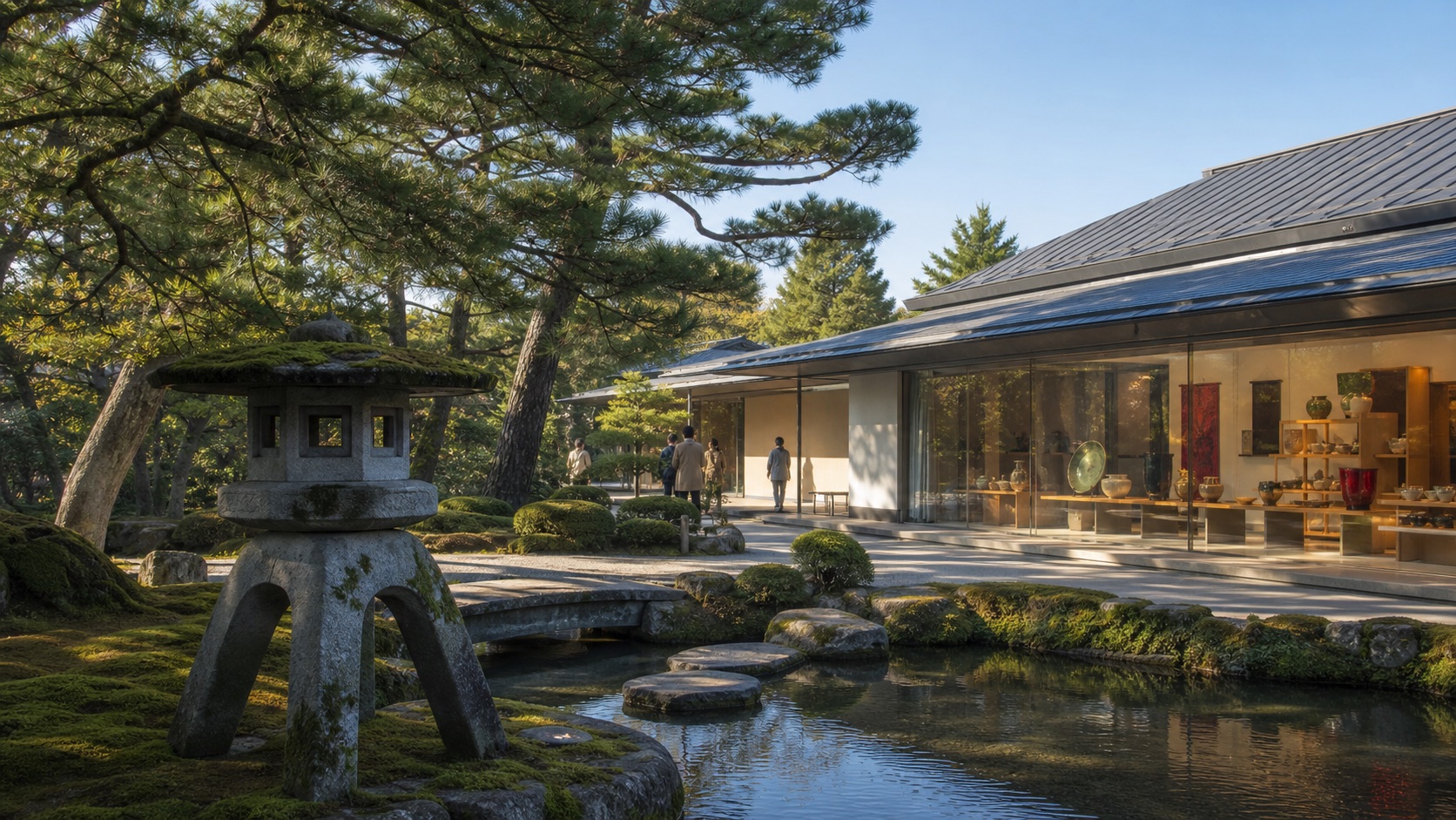 Japanese garden with stone lantern and pond beside a modern Kanazawa craft museum