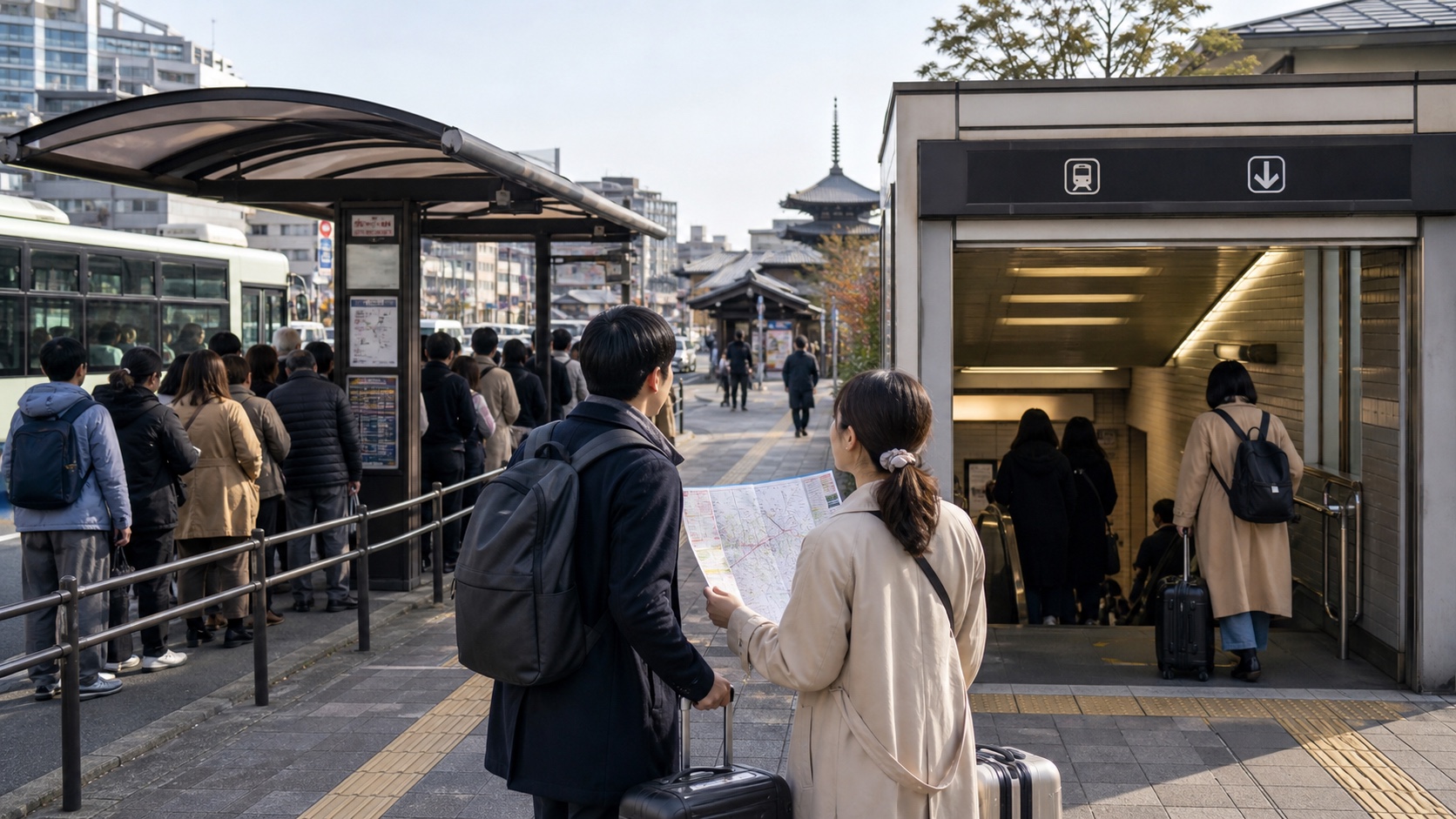 Kyoto traveler comparing rail, walking, and bus options beside a calm station entrance
