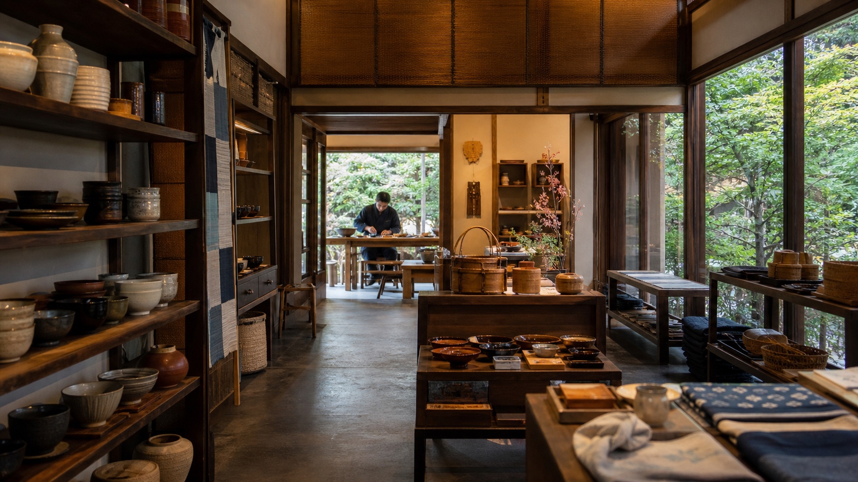 Quiet Kyoto craft shop with ceramics, lacquerware, textiles, bamboo objects, and an artisan workspace