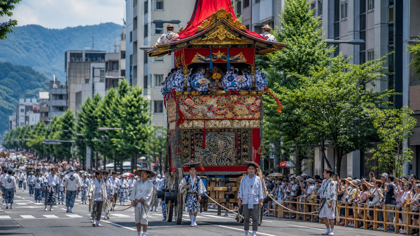 Respectful evening view of a traditional Kyoto festival float and pedestrian route