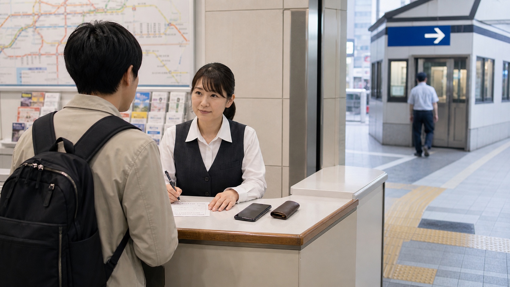 Traveler reporting lost property at an unbranded information counter in a Japanese station