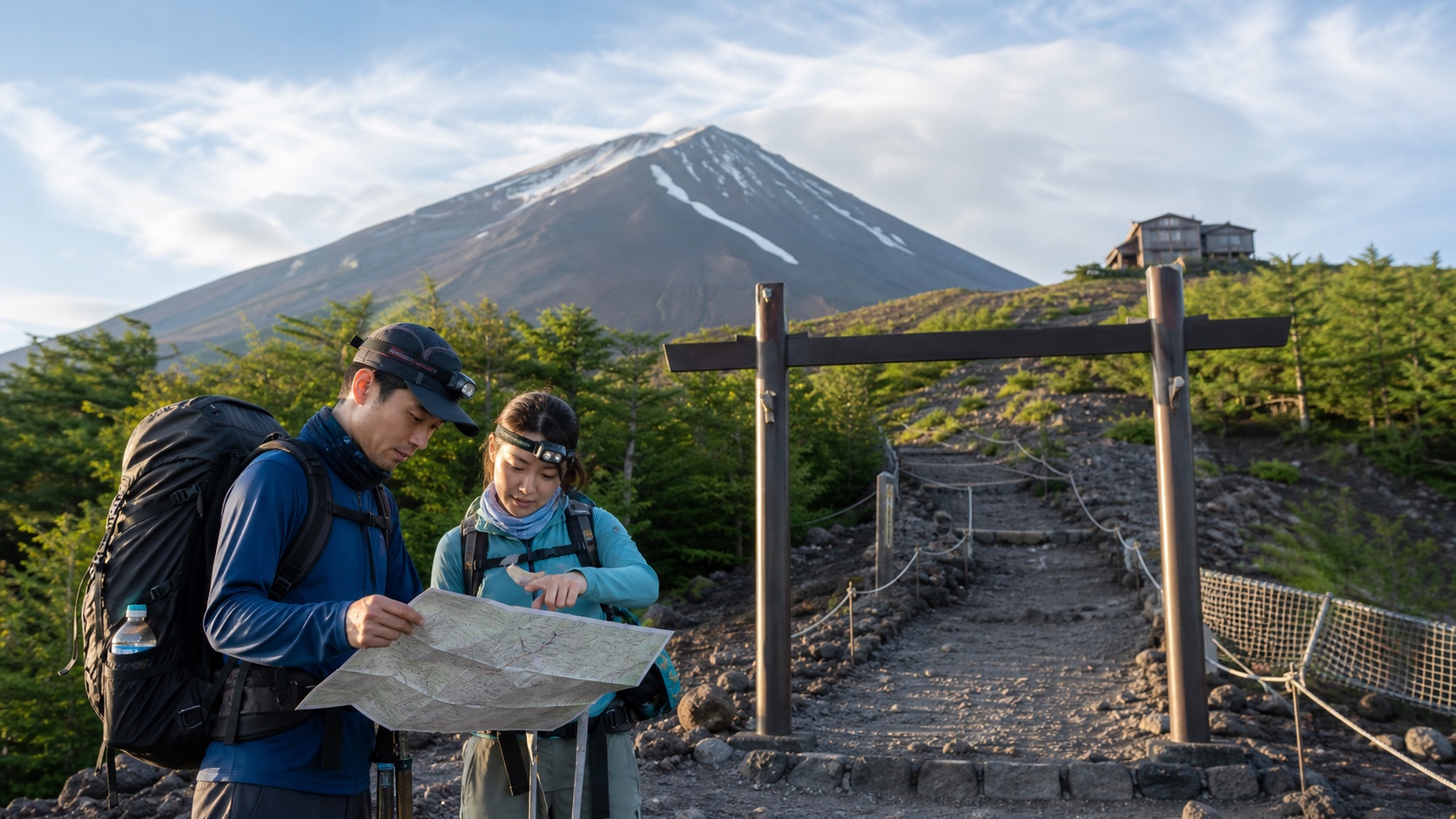 Prepared hikers checking a route map and safety equipment at a Mount Fuji trailhead