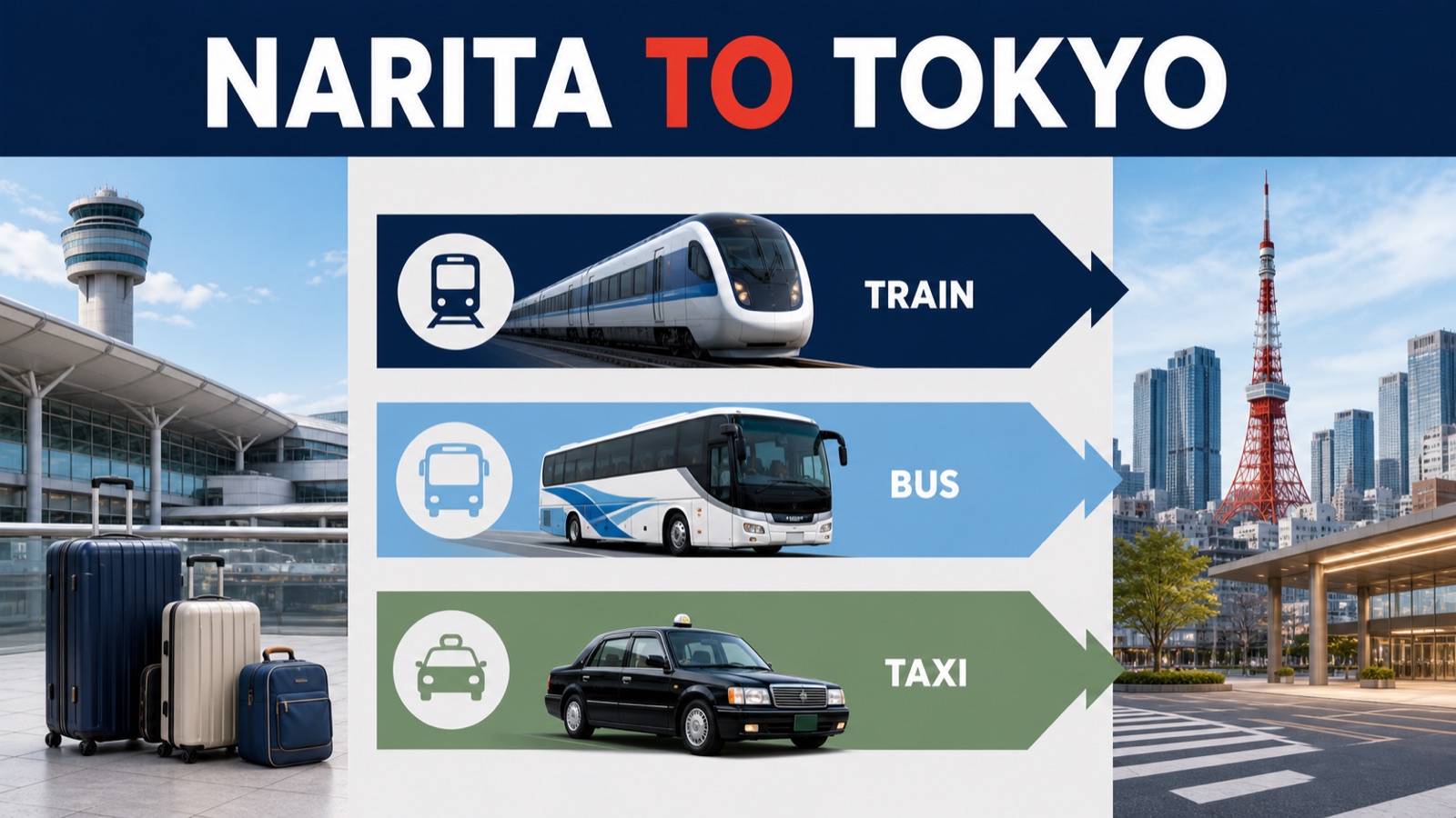 Narita to Tokyo airport transfer illustration comparing train, bus, and taxi choices