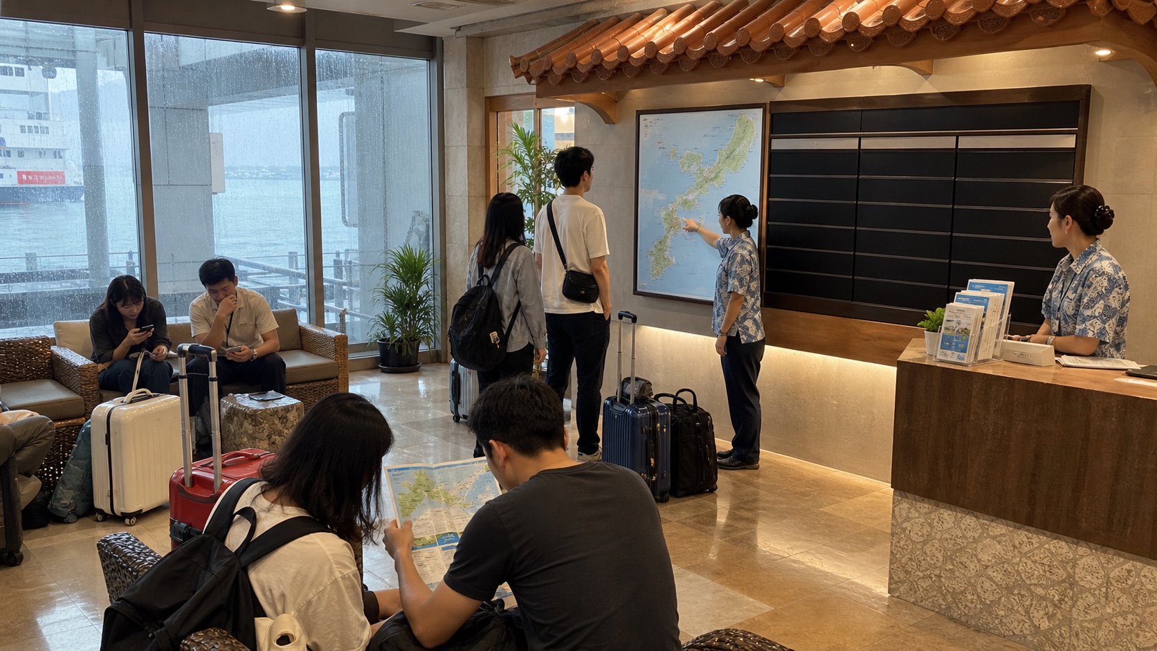 Okinawa travelers safely reviewing island and ferry alternatives inside a terminal during heavy rain