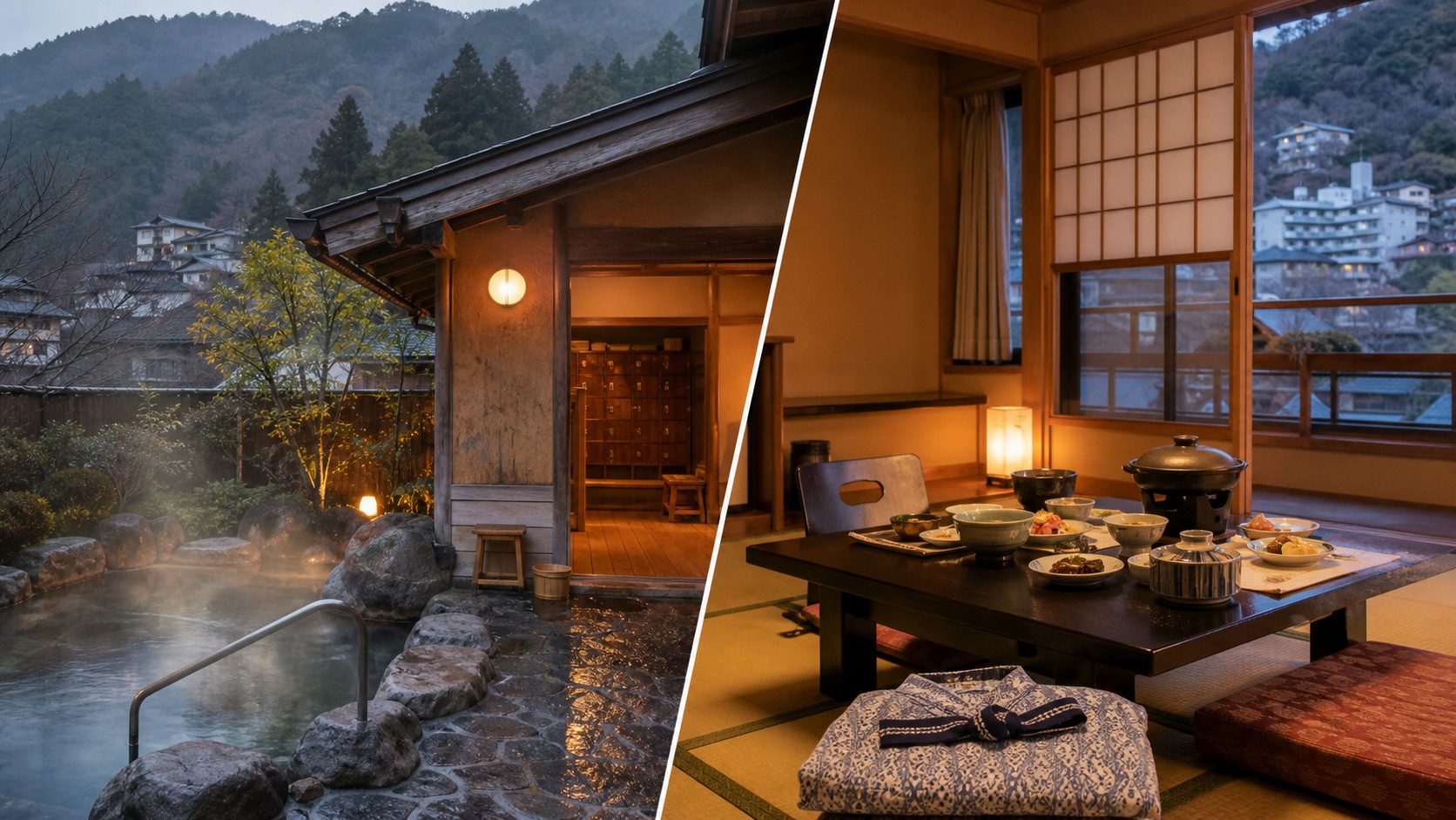 Split view of a quiet outdoor day-use onsen and an overnight ryokan room prepared with dinner and yukata