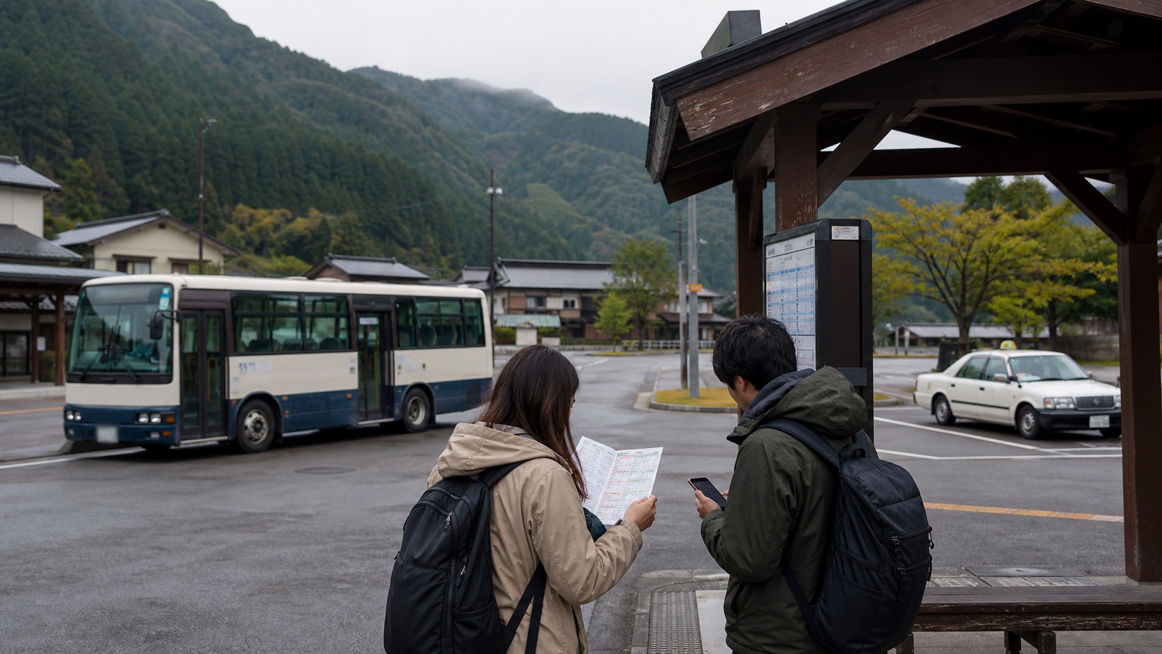 Travelers checking a timetable at a rural Japanese bus stop with a local bus and taxi nearby