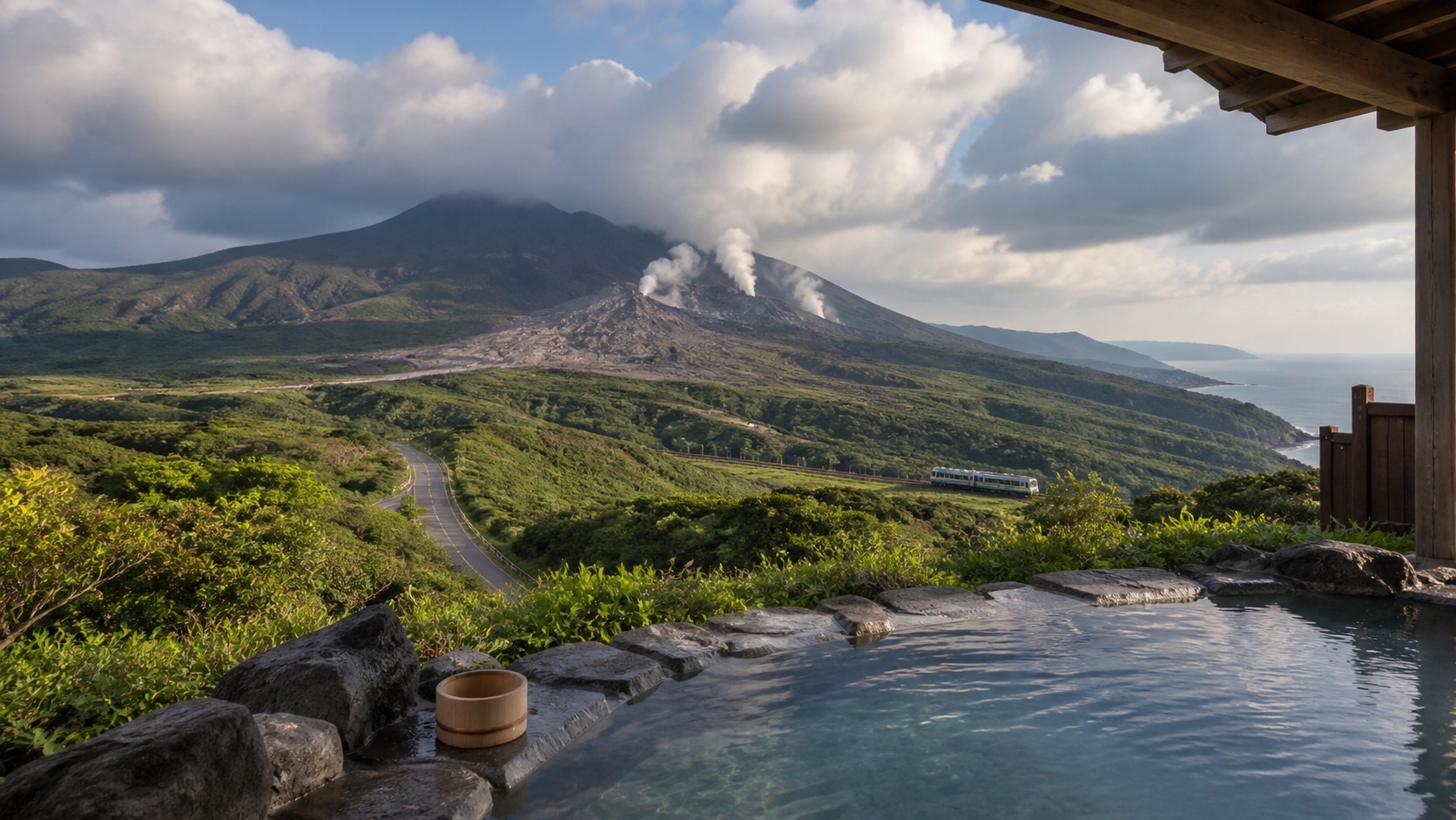 Southern Kyushu volcanic landscape with a public viewpoint, regional transport, and an outdoor hot spring