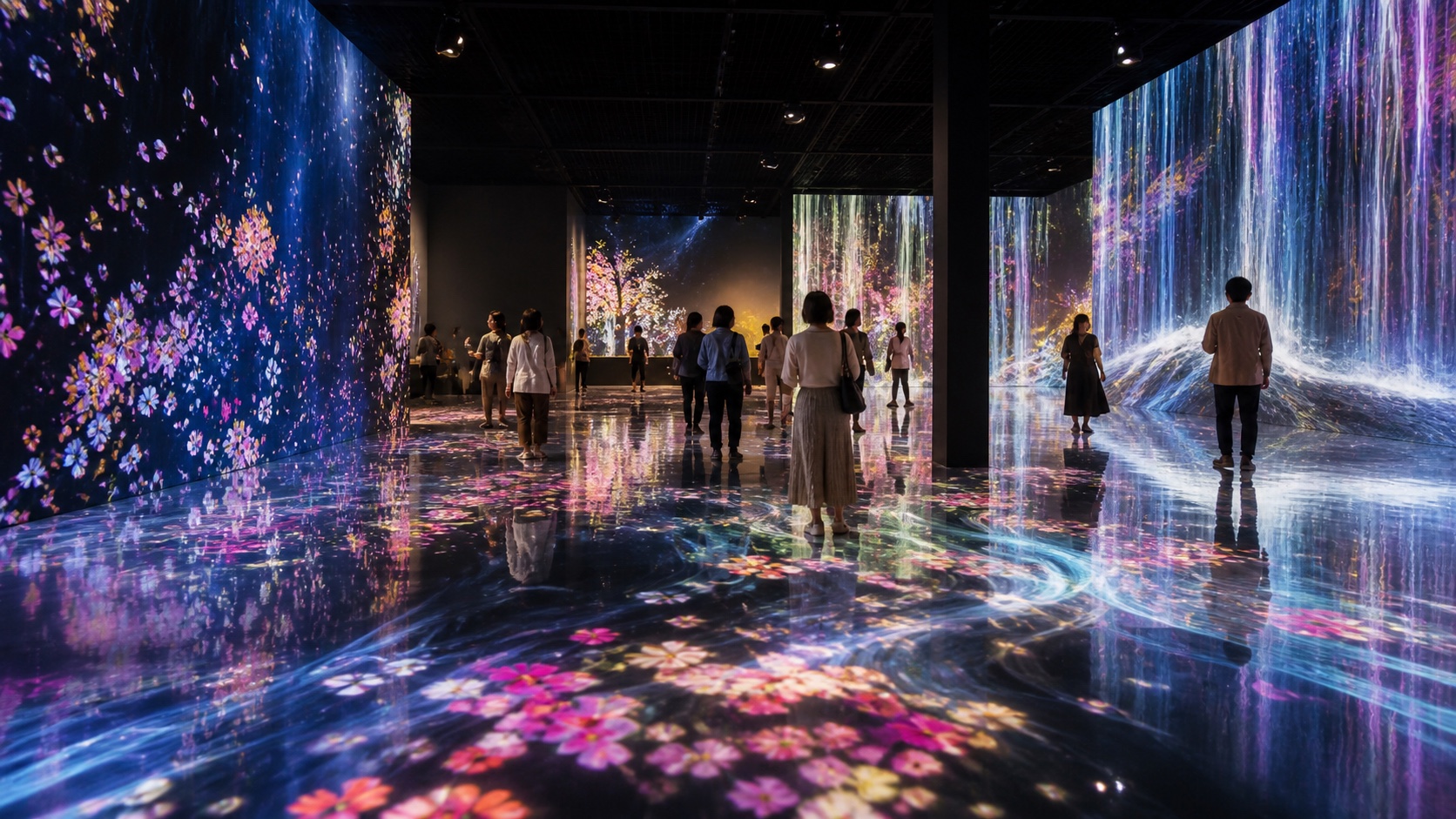 Visitors moving carefully through an original immersive digital art room with light, flowers, and reflections
