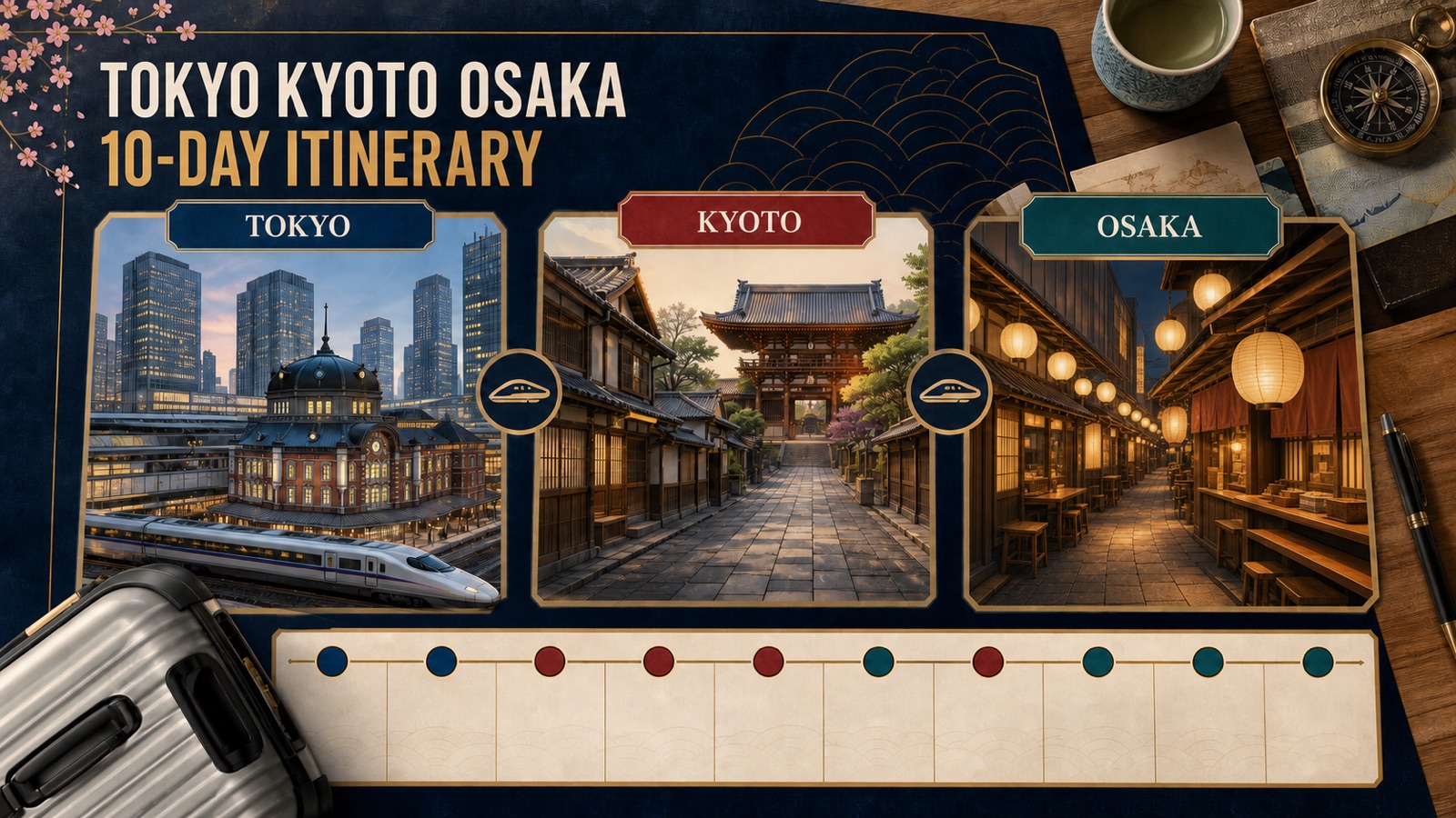 Tokyo, Kyoto, and Osaka 10-day itinerary illustration with three connected travel bases