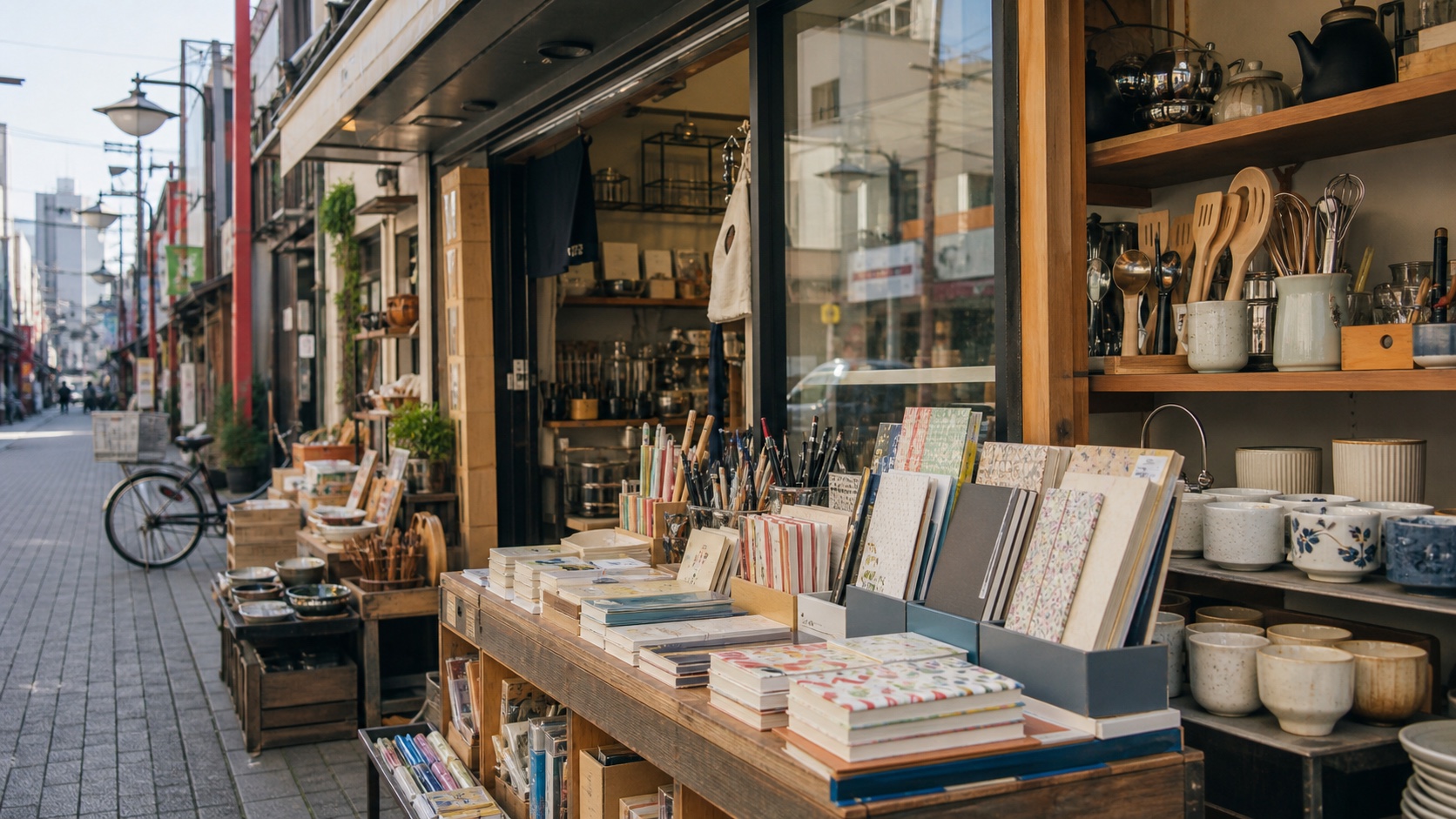 Tokyo specialty shopping street with Japanese stationery, notebooks, ceramics, and kitchen tools