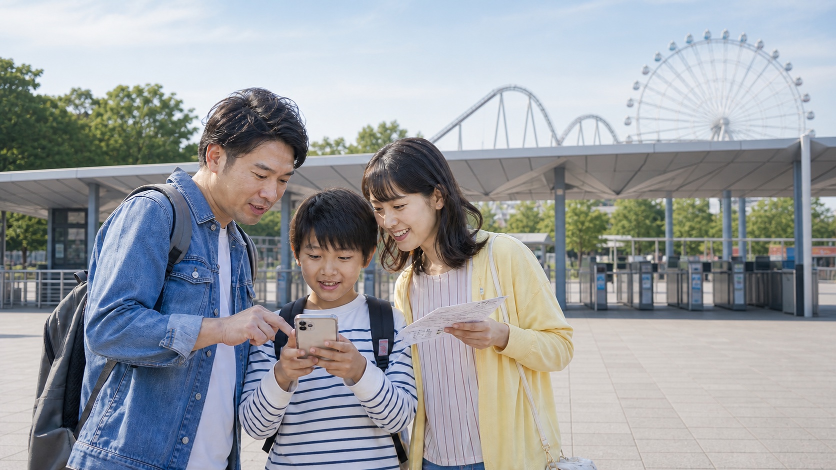 Family using a phone to plan an unbranded Tokyo-area theme park day near rides and an entrance plaza