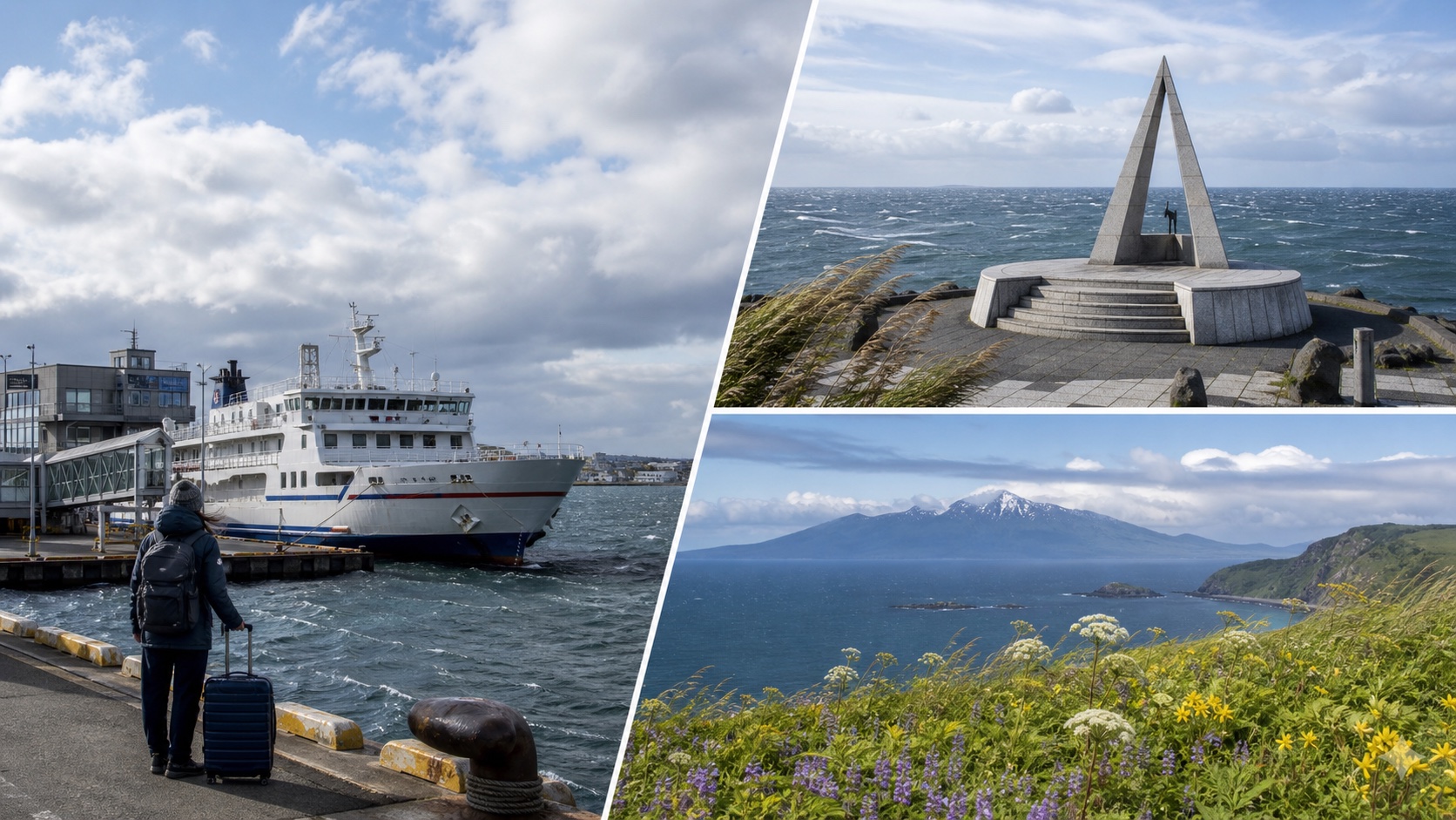 Three-part northern Hokkaido view of Wakkanai ferry terminal, windy Cape Soya, and Rishiri and Rebun scenery