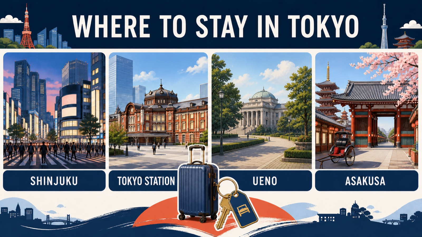 Tokyo hotel area illustration comparing Shinjuku, Tokyo Station, Ueno, and Asakusa