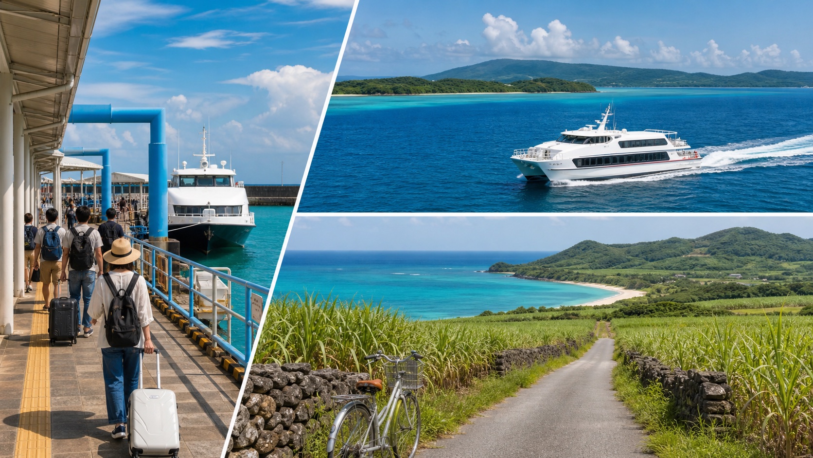 Three-part Yaeyama view of Ishigaki ferry boarding, a high-speed passenger boat, and Kohama sugarcane cycling
